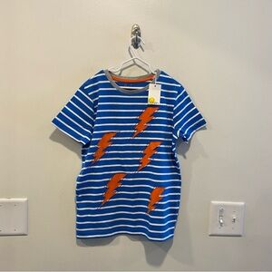 Mini boden short sleeve lightning bolt appliqué tee in size 9-10 blue stripes